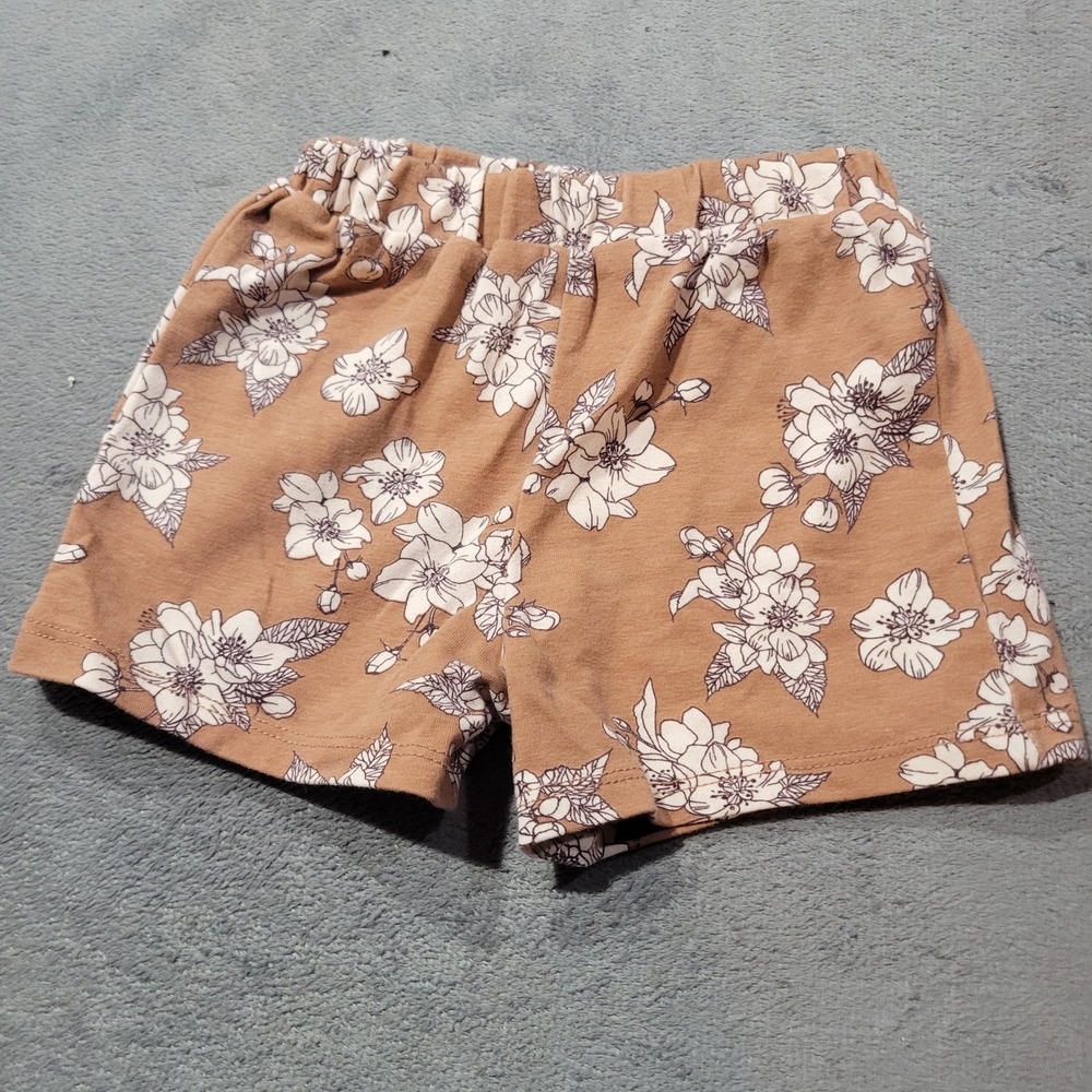Rare Editions‎ Shorts Girls 6-9M Tan Floral Pull On Elastic Waist Cotton Blend
